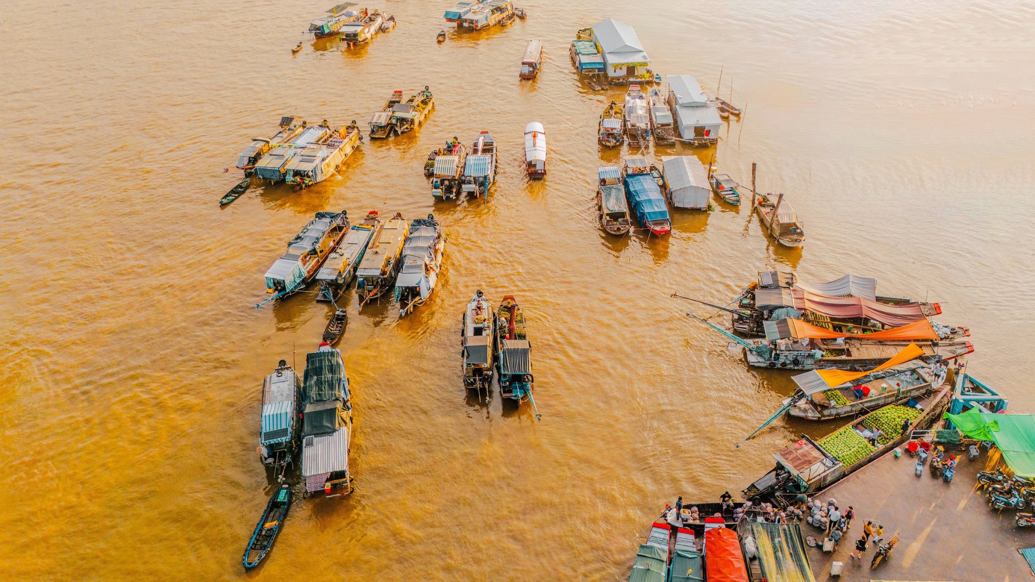 Aerial view of boats at the Cai Rang floating market on the Mekong River, Can Tho