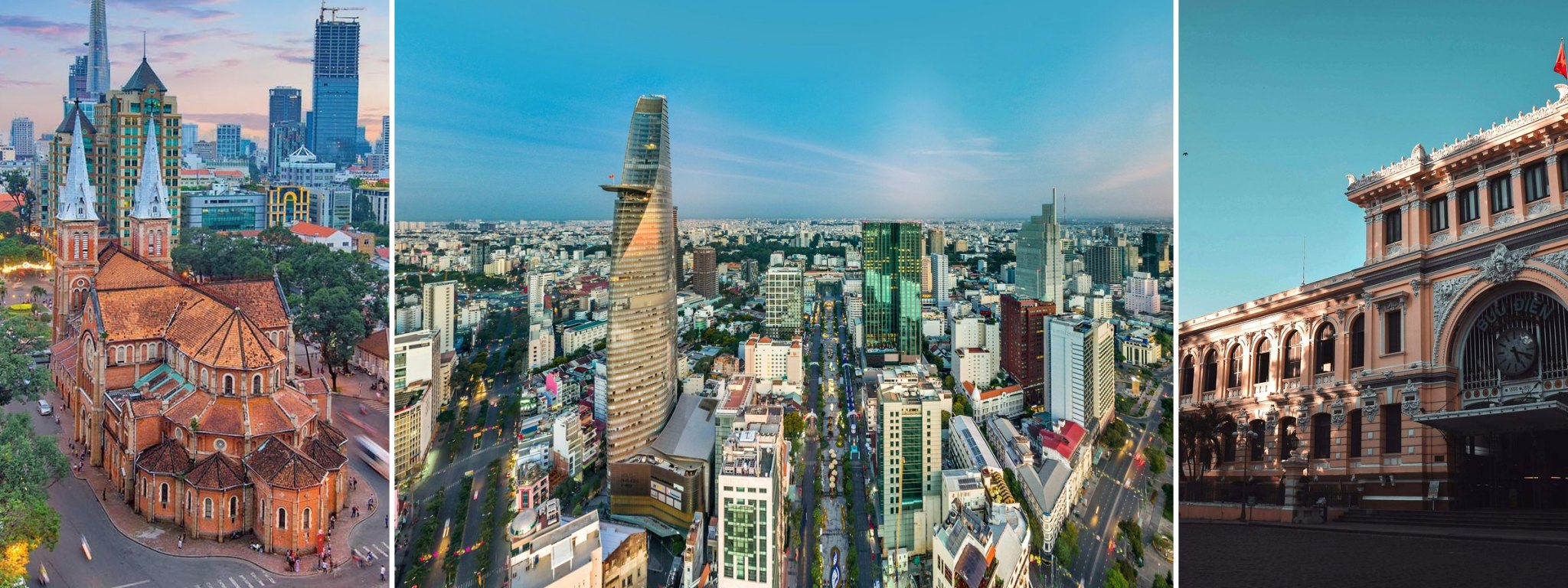 Ho Chi Minh City landmarks: Notre-Dame Cathedral, Bitexco Tower skyline, Saigon Central Post Office