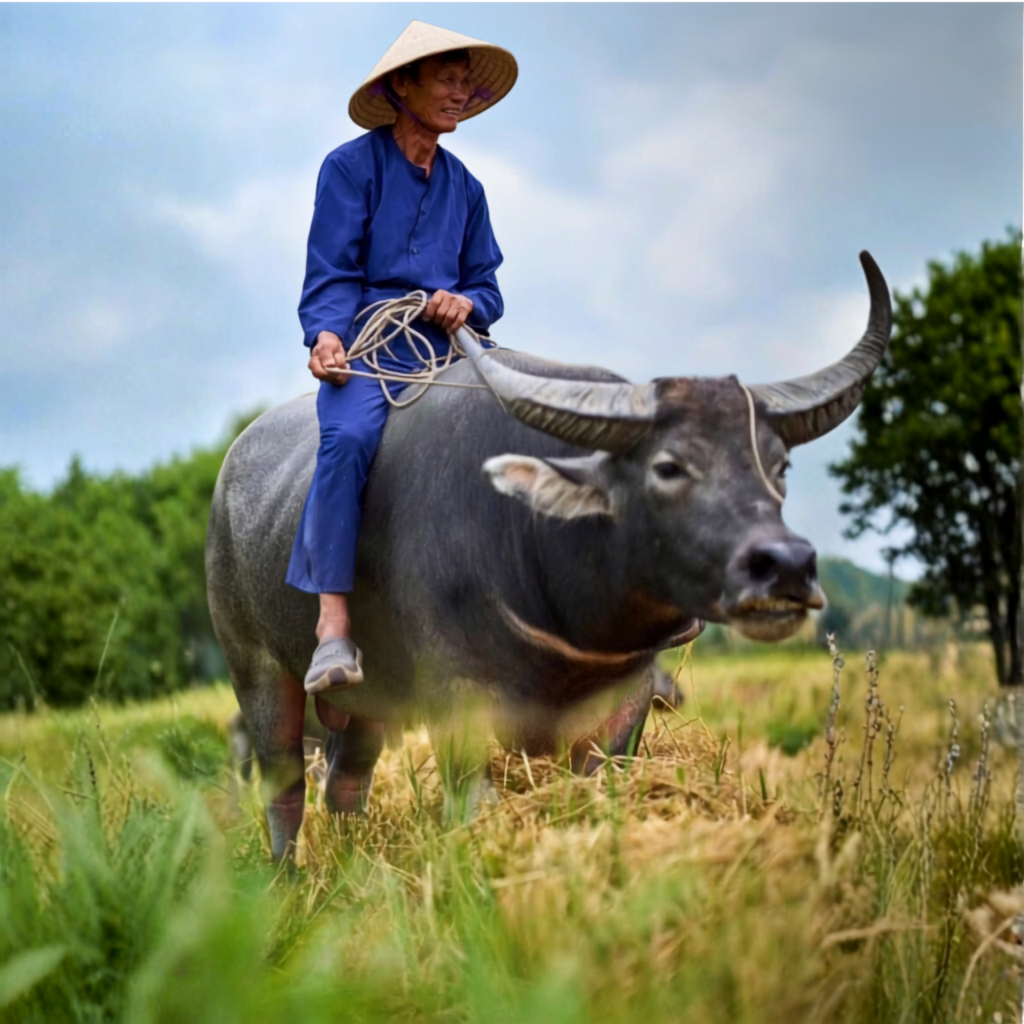 Farmer riding a water buffalo in the Hoi An countryside