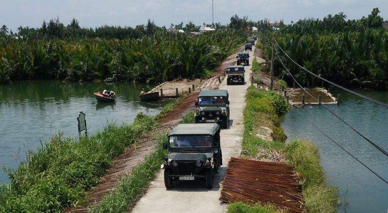 Vintage Jeeps crossing the coconut forest waterways