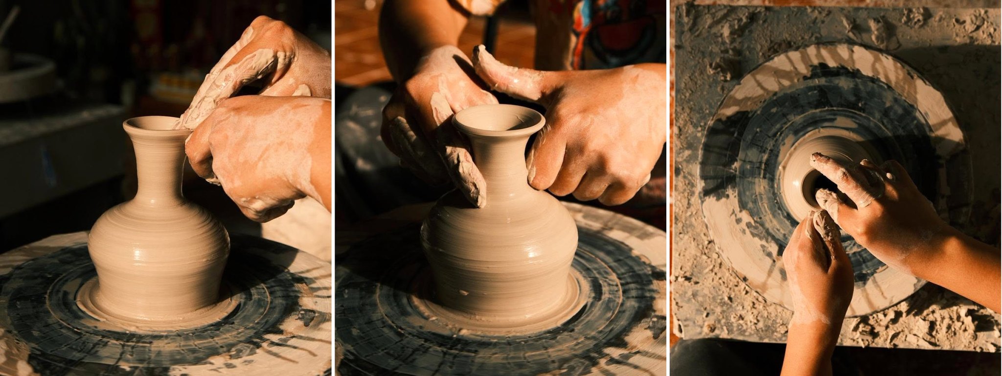 Hands shaping clay vases on a potter's wheel in a Hoi An craft village