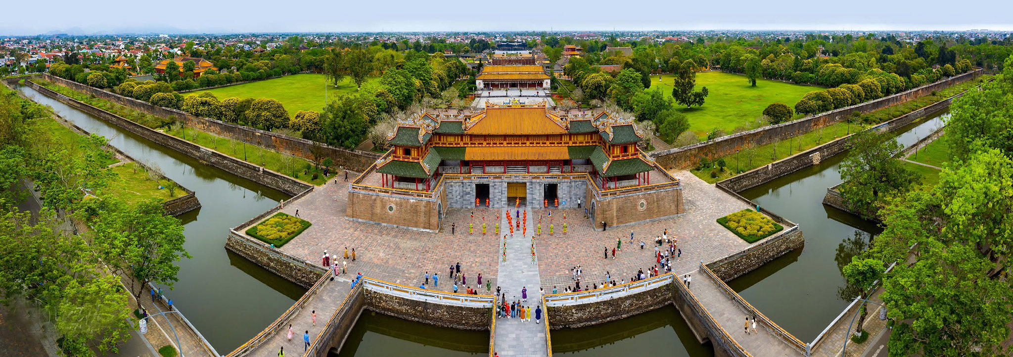 Aerial panorama of the Meridian Gate and the moat of the Imperial Citadel in Hue