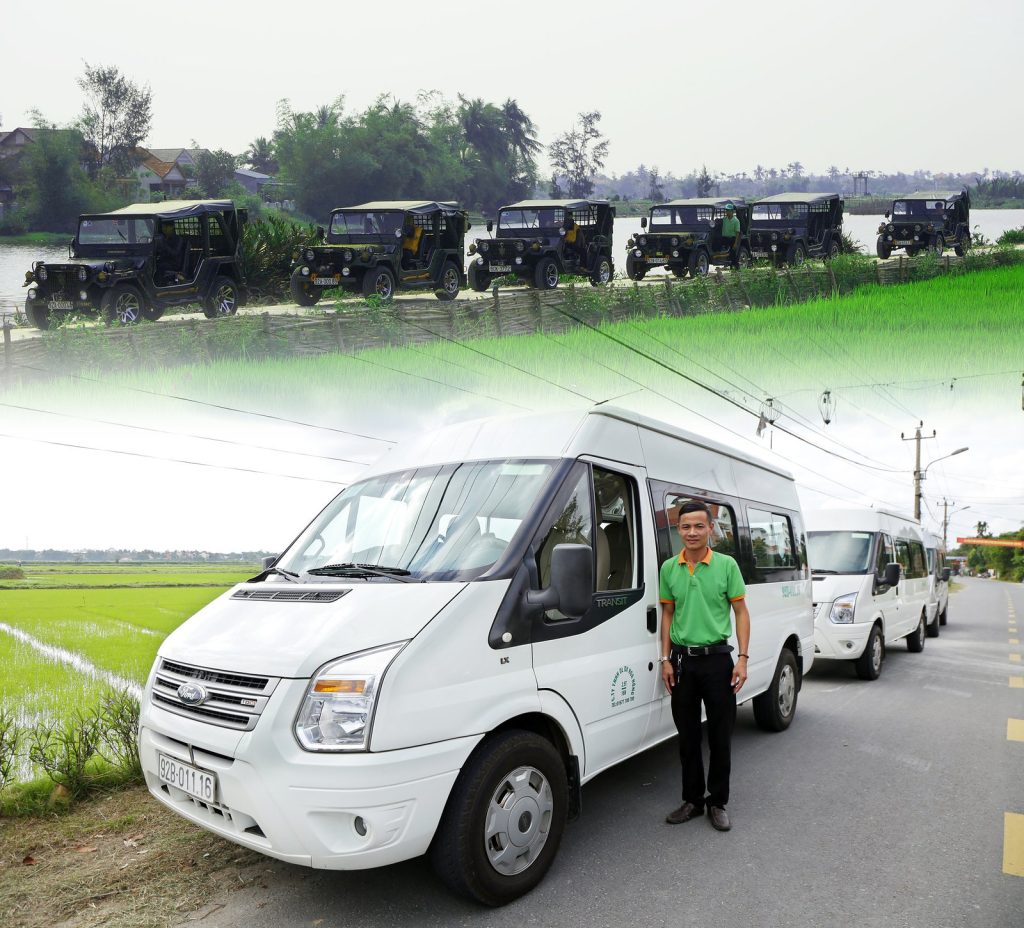 Rose Travel Transport: convoy of vintage US Army Jeeps by the rice fields of Hoi An blending into a driver with the 16-seat Ford Transit fleet